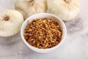 Dried roasted onion flakes for culinary photo