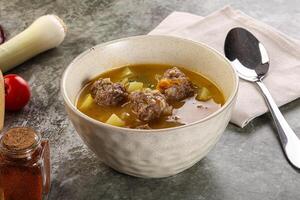 Soup with beef meatball and vegetables photo