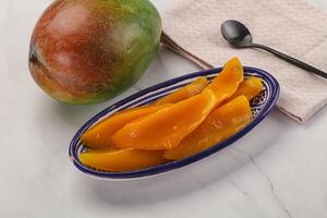 Canned mango slices in the bowl photo