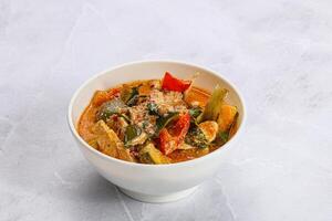 Thai red spicy curry with chicken photo