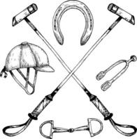 graphic illustration of a logo with horse polo stick, helmet, horseshoe, snaffle or bit, spur. Isolated. For cards, prints, decor vector