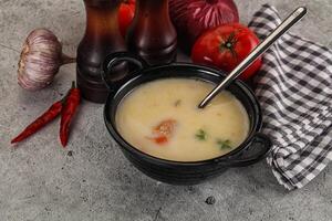 Salmon cream soup with vegetables photo