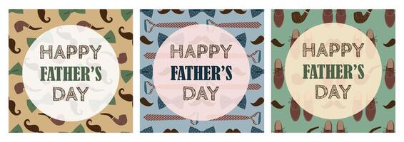 Father's Day cards set, concept with seamless patterns. Men's accessories, mustache. illustration for holiday design vector