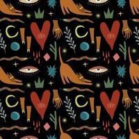 Mystical seamless pattern with cyclops, cat, hands, stars, plants and abstract elements. . For sketchbook cover, shopping bag, phone case vector