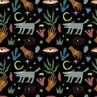 Mystical seamless pattern with wolf, hands, stars, plants and abstract elements. . For sketchbook cover, shopping bag, phone case vector