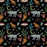 Mystical seamless pattern with wolf, hands, stars, plants and abstract elements. . For sketchbook cover, shopping bag, phone case vector