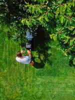Caucasian man pushing lawn mower for cutting green grass in garden with sunlight at summer season. Aerial view. Housework and lifestyle concept. photo