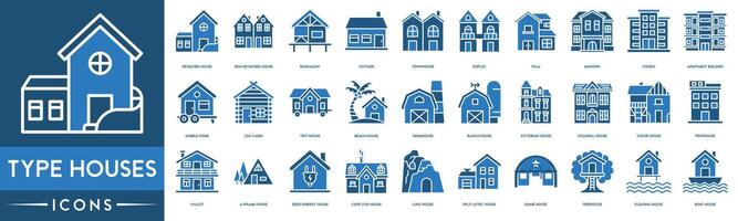 Type Houses icon. Detached House, Semi House, Bungalow, Cottage,T ownhouse, Duplex, Villa, Mansion, Condo and Apartment Building vector