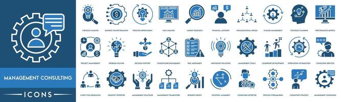 Management Consulting icon. Strategy Analysis, Business Transformation, Process Improvement, Data Analysis, Market Research, Financial Advisory, Organizational Design, and Change Management icon vector