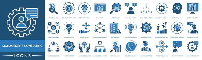 administración consultante icono. estrategia análisis, negocio transformación, proceso mejora, datos análisis, mercado investigación, financiero consultivo, organizativo diseño, y cambio administración icono vector