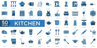 Kitchen icon. Kitchen Appliances, Cooking Utensils Chef's Hat, Cutting Board, Knife Set, Pot and Pan, Mixer, Blender, Coffee Maker, Toaster icon vector