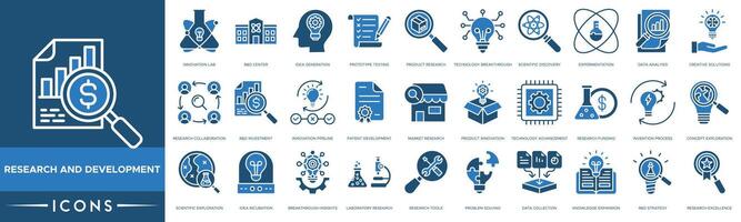 Research And Development icon. Innovation Lab, Center, Idea Generation, Prototype Testing, Product Research, Technology Breakthrough, Scientific Discovery, Experimentation, Data Analysis vector