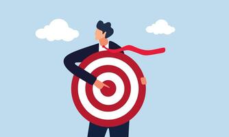 Businessman holding archer target or dashboard pointing at bullseye vector