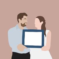 Couple Holding Blue Frame Sign Symbol on Brown Background. Colored Flat Illustration. vector