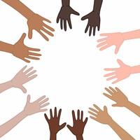personas con diferente piel colores poniendo su manos juntos en blanco antecedentes. unidad concepto plano ilustración. vector