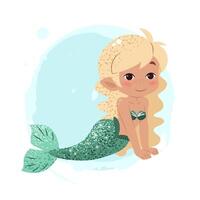 linda dibujos animados pequeño sirena. ilustración en plano estilo. gráfico diseño para niños, fondos de pantalla, carteles, saludo tarjetas, huellas dactilares. mágico criatura. vector