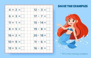 Solve the examples. Addition and subtraction up to 20. Mathematical puzzle game. Worksheet for school, preschool kids. illustration. Cartoon educational game with cute mermaid for children. vector