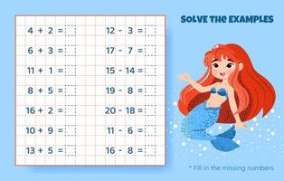 Solve the examples. Addition and subtraction up to 20. Mathematical puzzle game. Worksheet for school, preschool kids. illustration. Cartoon educational game with cute mermaid for children. vector