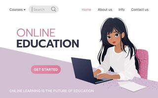 Online education concept. Landing page template for online courses, distance education, Internet studying, training. Young woman sitting and using her laptop. illustration. vector