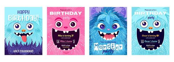 Monster party invitation set. Happy Birthday greeting cards. Festive postcards featuring a fluffy cartoon monster. design with a cute creatures for your celebration event. Layered templates. vector