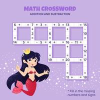 Math Crossword puzzle for kids. Addition and subtraction. Counting up to 20. Game for children. illustration. Colorful crossword with cartoon mermaid. Task, education material for kids. vector