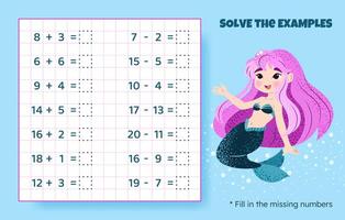 Solve the examples. Addition and subtraction up to 20. Mathematical puzzle game. Worksheet for school, preschool kids. illustration. Cartoon educational game with cute mermaid for children. vector