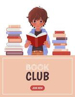 Vertical banner or landing page template for a library, book club, bookstore app with a boy and a pile of books. A cartoon illustration of a little kid. An e-library, an e-book concept illustration. vector