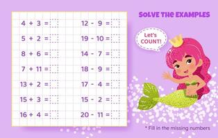 Solve the examples. Addition and subtraction up to 20. Mathematical puzzle game. Worksheet for school, preschool kids. illustration. Cartoon educational game with cute mermaid for children. vector