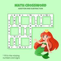 Math Crossword puzzle for kids. Addition and subtraction. Counting up to 20. Game for children. illustration. Colorful crossword with cartoon mermaid. Task, education material for kids. vector