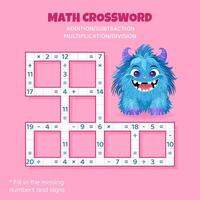 Math Crossword puzzle for children. Addition, subtraction, multiplication and division. Counting up to 20. illustration. Game with cartoon monster. Task, education material for kids. vector