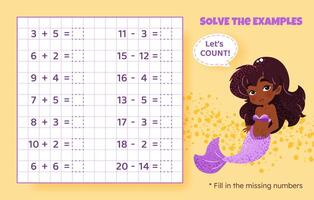 Solve the examples. Addition and subtraction up to 20. Mathematical puzzle game. Worksheet for school, preschool kids. illustration. Cartoon educational game with cute mermaid for children. vector