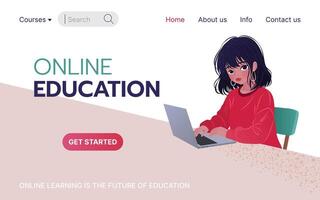 Online education concept. Landing page template for online courses, distance education, Internet studying, training. Young woman sitting and using her laptop. illustration. vector