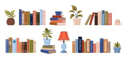 aislado apilar y pila de algo de varios libros. mundo libro día. conjunto de educativo libros, plantas, estatuilla, lámpara. granoso ilustraciones en blanco antecedentes para libro festival, almacenar, libro justo. vector