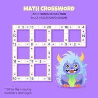 Math Crossword puzzle for children. Addition, subtraction, multiplication and division. Counting up to 20. illustration. Game with cartoon monster. Task, education material for kids. vector