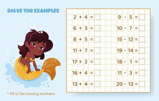 Solve the examples. Addition and subtraction up to 20. Mathematical puzzle game. Worksheet for school, preschool kids. illustration. Cartoon educational game with cute mermaid for children. vector