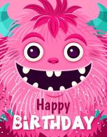 Happy Birthday greeting card or Monster party invitation. Festive postcard featuring a fluffy cartoon monster. design with a cute creature for your celebration event. Layered template. vector