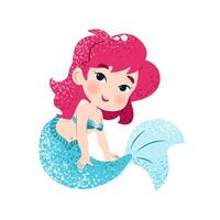 linda dibujos animados pequeño sirena. ilustración en plano estilo. gráfico diseño para niños, fondos de pantalla, carteles, saludo tarjetas, huellas dactilares. mágico criatura. vector