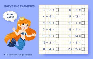 Solve the examples. Addition and subtraction up to 20. Mathematical puzzle game. Worksheet for school, preschool kids. illustration. Cartoon educational game with cute mermaid for children. vector