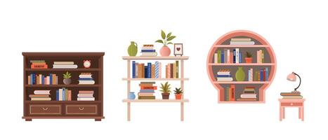 Various bookcases, book cabinets, shelves with stacks of educational books, plants and objects. isolated flat illustrations for book store, World Book Day, book fair designs. vector