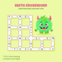 Math Crossword puzzle for kids. Addition and subtraction. Counting up to 20. Game for children. illustration. Colorful crossword with cartoon monster. Task, education material for kids. vector