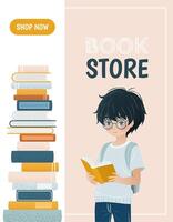 Vertical banner or landing page template for a library or bookstore app with a boy and a pile of books. A textured cartoon illustration of a little kid. An e-library, an e-book concept illustration. vector