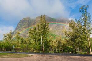 Colorful rainbow and Le Morn brabant mountain in Mauritius photo