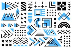 A vivid collection of different geometric shapes, Memphis set in blue and black, arranged on a white background. The composition includes triangles, circles, squares, zigzags and other shapes. vector
