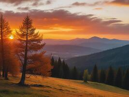 paisaje fotografía de arboles cerca montaña durante naranja puesta de sol foto