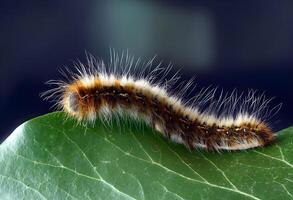 a moth caterpillar is walking through a green leaf photo