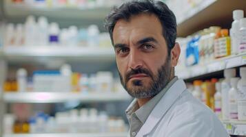 hombre con barba en vestir camisa en pie en farmacia, mirando a cámara foto