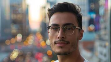 de cerca de un hombre en lentes y barba, exhibiendo un sonrisa y gracioso gesto foto