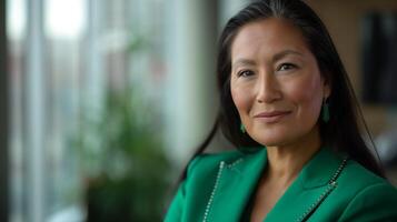 Confident Asian Businesswoman in Professional Green Blazer, Natural Light Office Setting - Suitable for Corporate Branding, Leadership Concepts, and Business Profiles photo