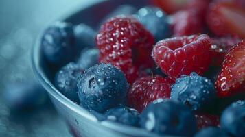 un cuenco lleno con frambuesas , arándanos y fresas foto