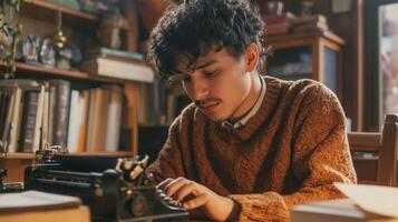 a young man is sitting at a table typing on a typewriter photo